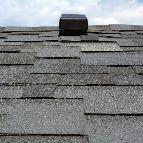 close-up of a gray shingle roofing system